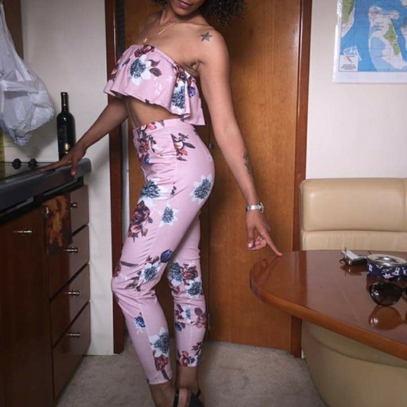 Pink Floral Print High Waist Romper Two Piece Set - Picture 2 of 8